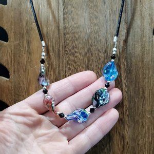 18 Inch 925 Sterling Silver & Leather Handmade Colorful Glass Necklace